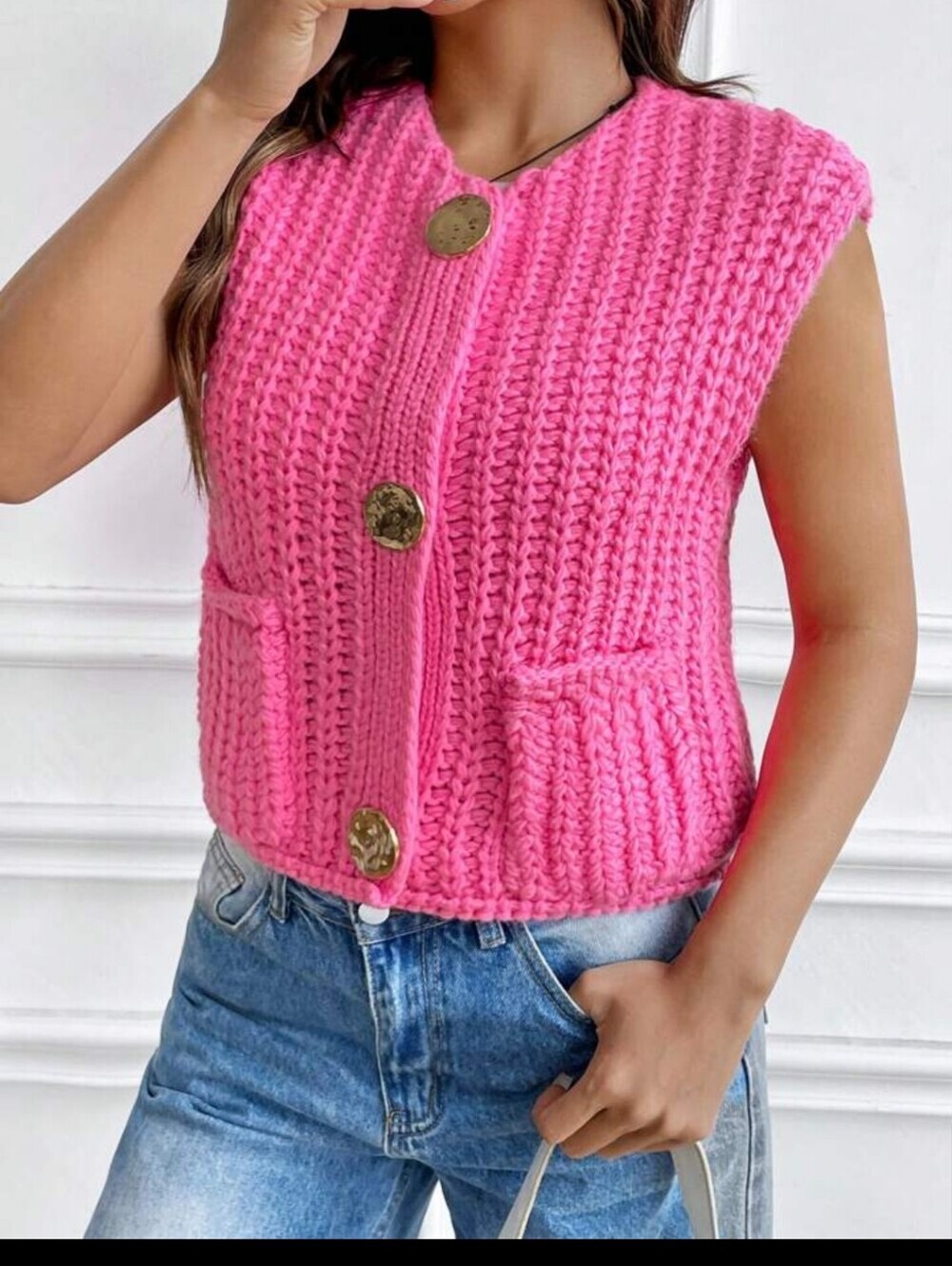 Shein Hot Pink Chunky Knit Button Vest Size Medium